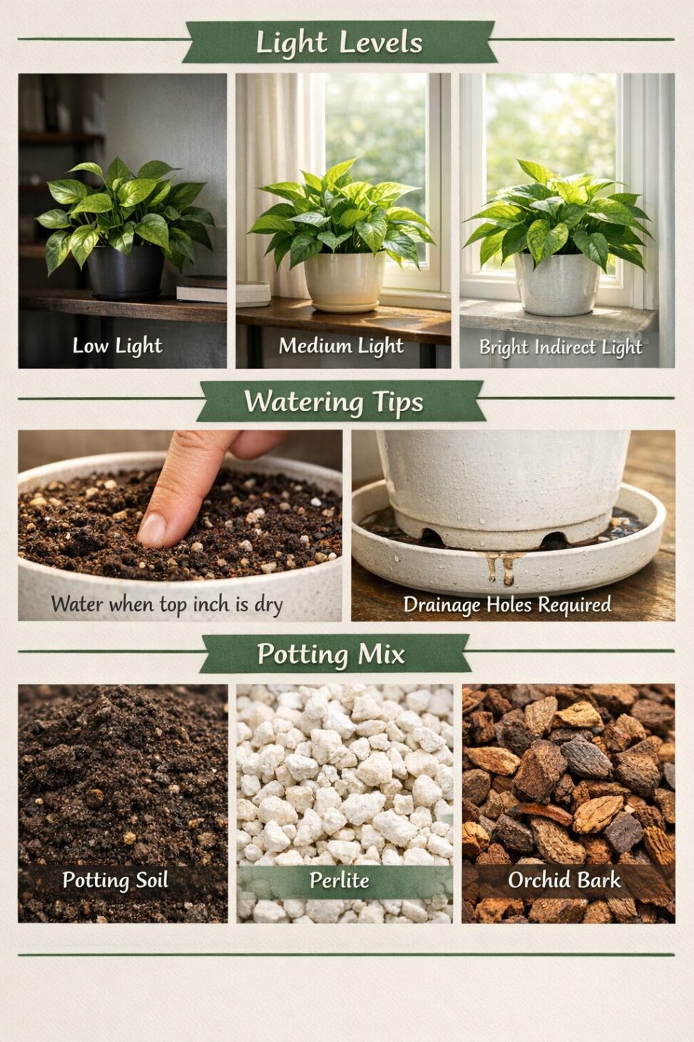 Photorealistic, high-resolution photography, , infographic-style image focused on section about watering, lighting, and soil