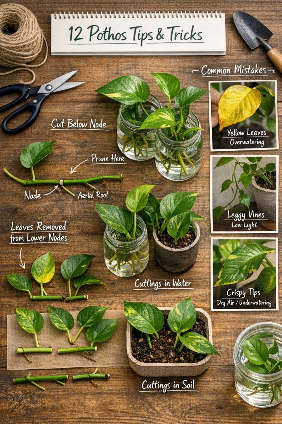 Photorealistic, high-resolution photography, , step-by-step visual for propagation, pruning, and troubleshooting in 12