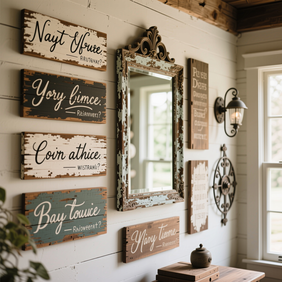 9. Decorate Walls with Distressed Signs and Vintage Mirrors