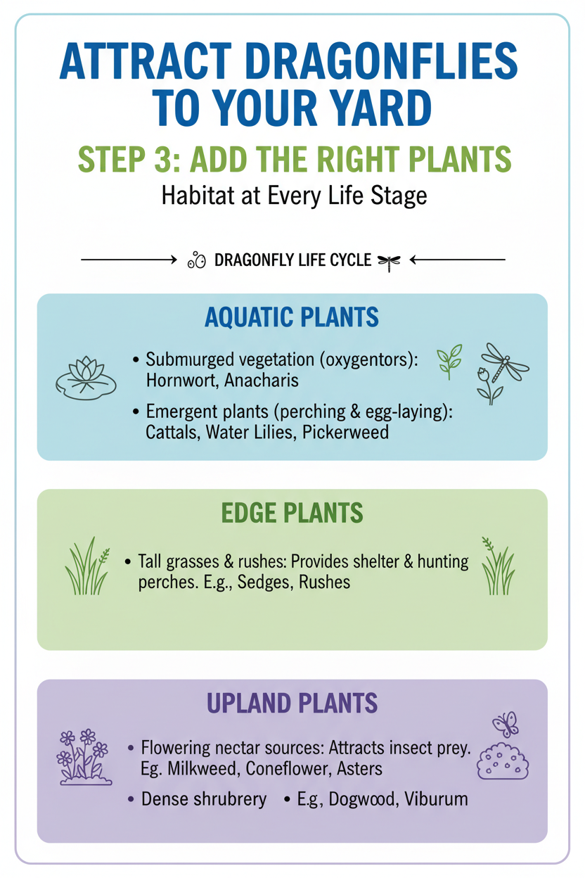 Step 3: Add the right plants—so dragonflies have habitat at every life stage