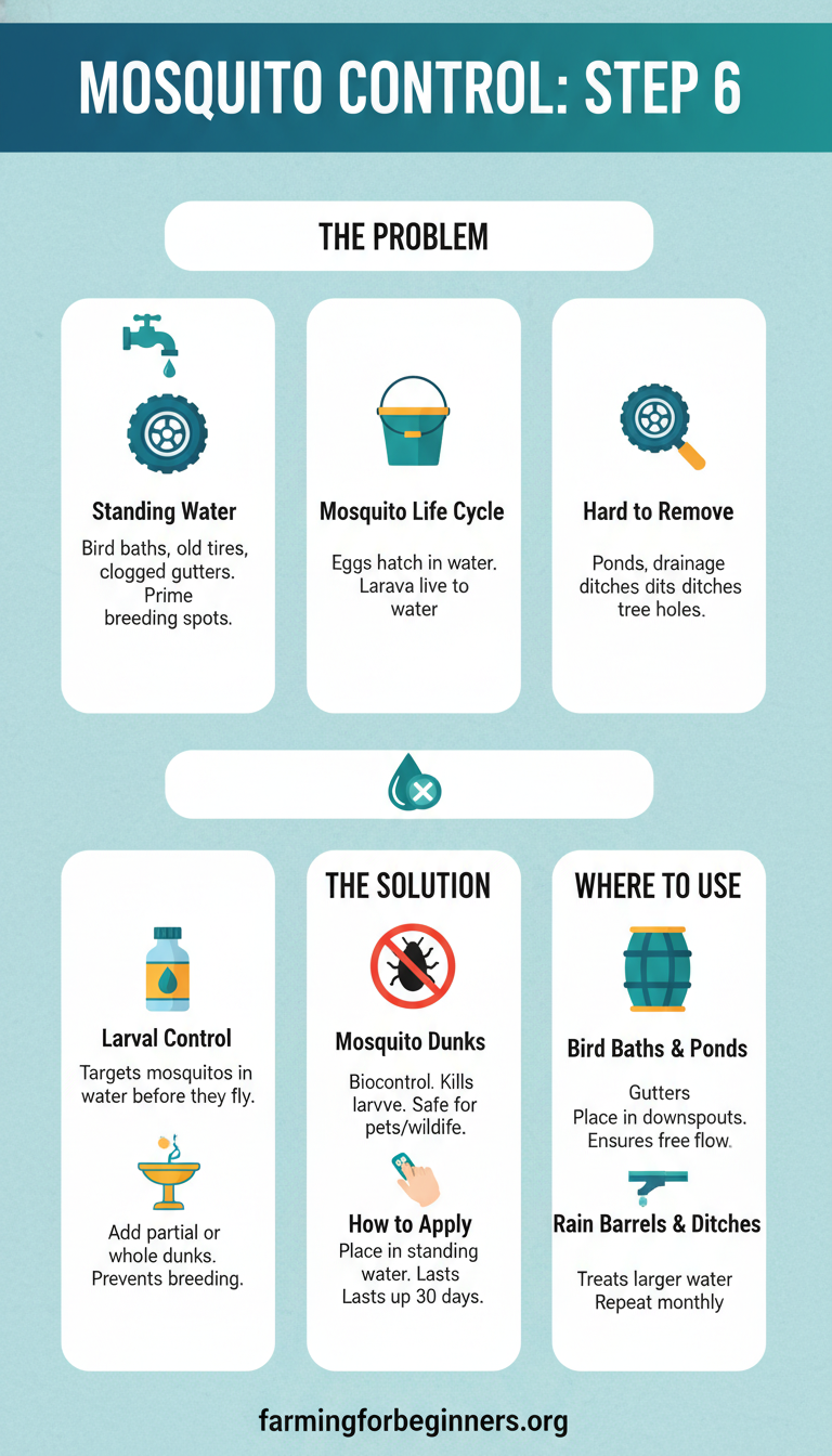 Step 6: When you can’t remove standing water—use larval control (mosquito dunks)